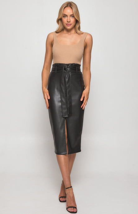 Faux Leather Paperbag Waist Midi Skirt with Belt