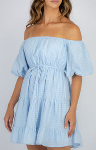 Cotton Off The Shoulder Baby Doll Dress - Blue