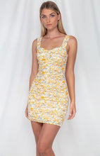 Yellow Floral Ruche Dress With Bust Detail
