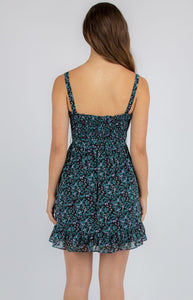 Navy/Black Floral Dress With Shirred Bodice And Frill Hem