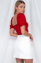 Red Shirred Waist Top With Ruche Detail