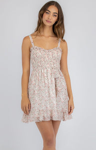 Blush Floral Dress With Shirred Bodice And Frill Hem