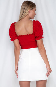 Red Shirred Waist Top With Ruche Detail