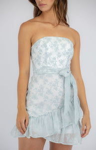 Embroidered Fabrication Strapless Dress with Ruffle Hem