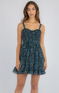 Navy/Black Floral Dress With Shirred Bodice And Frill Hem