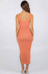 Wide Rib Textured Knit Dress With Side Split - Coral